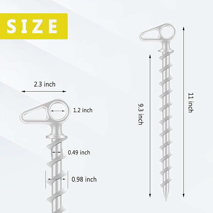 11" Aluminum Screw-in Ground Anchors - Heavy Duty Metal, Non-Rust Spiral Tent Stakes for High Wind, Grass, Sand, Camping, Canopies, Trampolines & Outdoor Securing