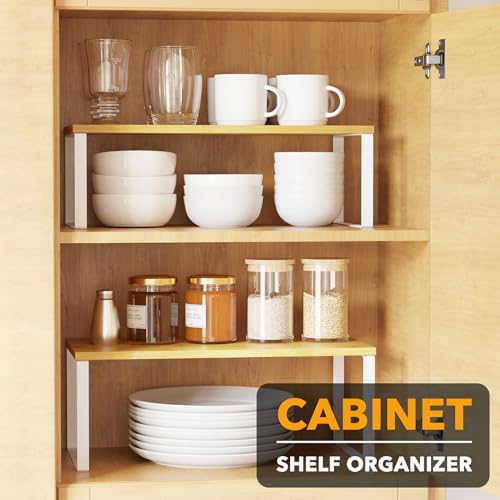 SpaceAid Cabinet Shelf Organizers 2 Pack, Kitchen Counter Rack Shelves Riser, Stackable Expandable Spice Rack, Pantry Cupboard Storage Organization (White and Natural, Long)