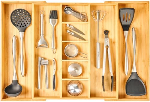Umilife Extra Large Expandable Kitchen Drawer Organizer for Utensil and Junk, 19" Deep for Big Drawer, 17" to 28" Adjustable Bamboo Wood Drawer Divider, Cutlery Tray, Flatware Holder