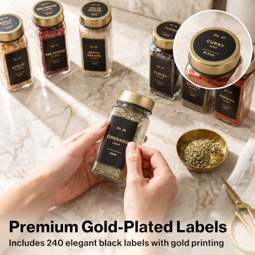 EDELHAUS Glass Spice Jars with Label, 24x Gold Stainless Steel Lids