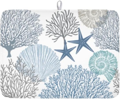 Blue Coral Dish Drying Mat 18x24 Inch Absorbent Reversible Summer Beach Drying