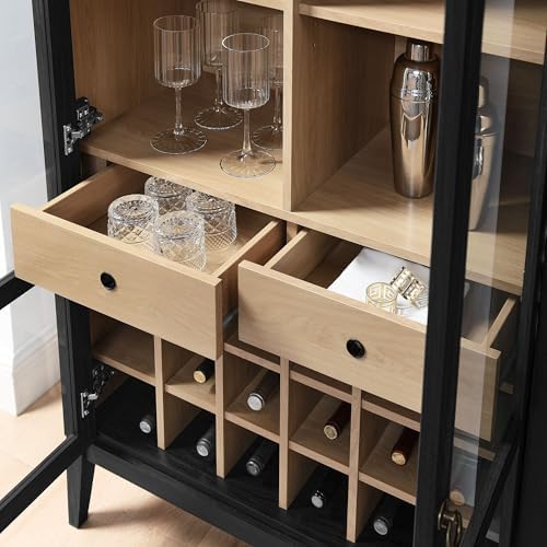 Modway Nolan Modern Farmhouse Arched Bar Cabinet in Black Wood Grain - 72 Inch Tall Wine Storage Cabinet with Glass Doors and Wine Rack - Large Liquor Cabinet for Dining or Living Room