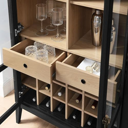 Modway Nolan Modern Farmhouse Arched Bar Cabinet in Black Wood Grain - 72 Inch Tall Wine Storage Cabinet with Glass Doors and Wine Rack - Large Liquor Cabinet for Dining or Living Room