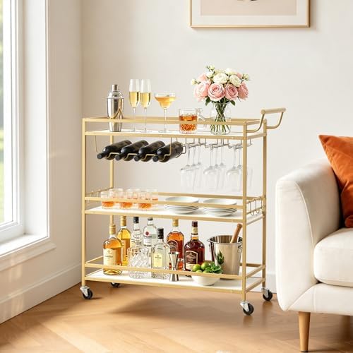 VEVOR Bar Cart, 3 Tiers Home Kitchen Serving Carts, Modern Rolling Utility Station on Wheels, Mobile Drink Beverage Trolley with Wooden Shelf, Wine Rack, and Glass Holder, 35.83x12.99x36.81 in, Gold