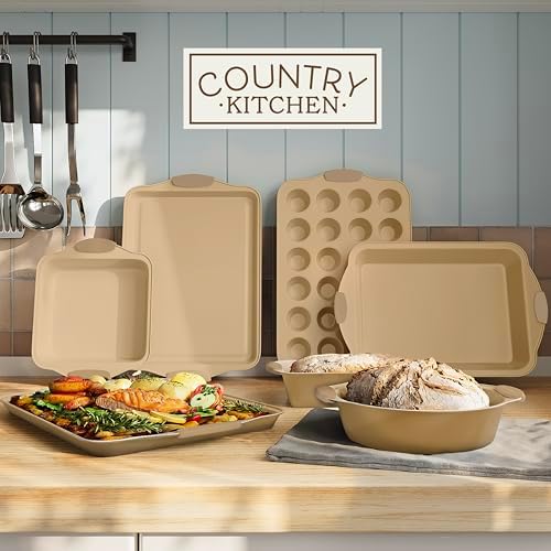 Country Kitchen Nonstick Stackable Bakeware Set - Heavy Duty, Durable, Easy Release Baking Set, Gold, 10 Pcs