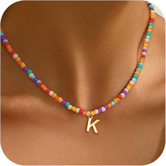 Colorful Initial Necklaces for Girls Women - Cute Beaded Choker Initial Necklace Teen Girl Gifts Trendy Stuff, Bohemian Letter Necklace Personalized Gifts for Girls Women Jewelry