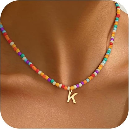 Colorful Initial Necklaces for Girls Women - Cute Beaded Choker Initial Necklace Teen Girl Gifts Trendy Stuff, Bohemian Letter Necklace Personalized Gifts for Girls Women Jewelry