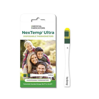 Ultra Single-Use Thermometers - Individually Wrapped Disposable First Aid Supplies with High-Accuracy Readings, for Work, Home, and Travel, Fahrenheit, 24-Pack, by Medical Indicators Inc.