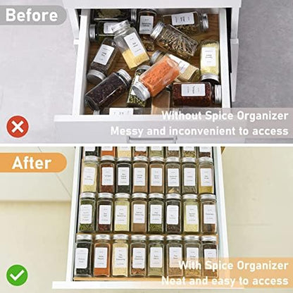 Spice Drawer Organizer with 20 Spice Jars,216 Labels,50 Non-slip Rubber, Bamboo 4 Tier Seasoning Rack Tray Insert for Kitchen Drawers,Cabinets,Countertop,9" Wide x 15.8" Deep