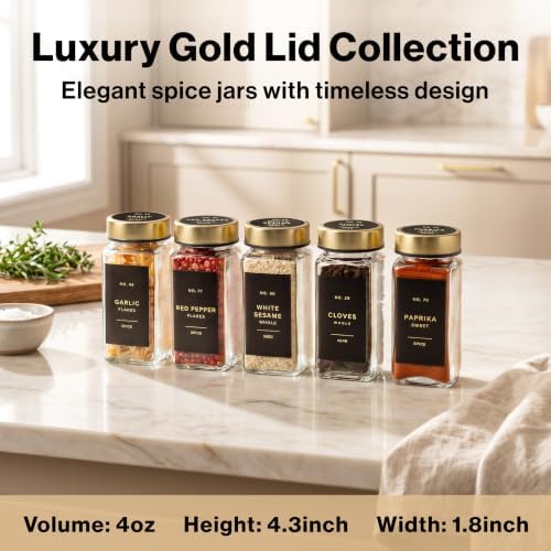 EDELHAUS Glass Spice Jars with Label, 24x Gold Stainless Steel Lids