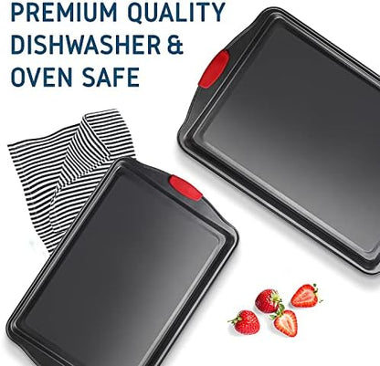 Eatex Nonstick Baking Sheet Set, 2-Piece Baking Pans Set with Silicone Handles, Carbon Steel Cookie Sheets for Baking Commercial Grade Quality Oven Tray, Jelly Roll/Quarter Sheet Pans for Baking