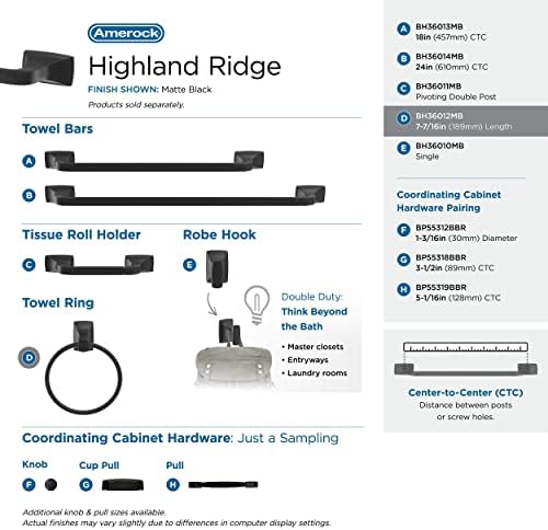 Amerock BH36012MB | Matte Black Towel Ring | 7-7/16 inch (189 mm) Width Towel Holder | Highland Ridge | Hand Towel Holder for Bathroom Wall | Small Kitchen | Bath Accessories