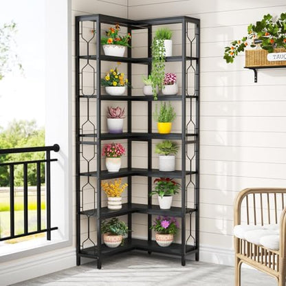 Tribesigns Corner Shelf, 7-Tier Industrial Corner Bookshelf, Wood and Metal Corner Etagere Bookcase, Freestanding Display Shelf for Living Room, Kitchen, Home Office, Light Black