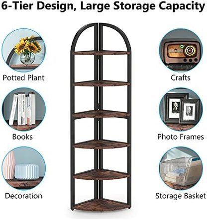 Tribesigns 6 Tier Corner Shelf, 71 inch Tall Corner Bookshelf for Small Space, Rustic Plant Stand Display Rack for Living Room, Home Office, Kitchen