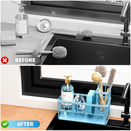 Cisily Blue Kitchen Sink Caddy Organzier with High Brush Holder, Sponge Holder for Sink, 304 Rustproof Stainless, Kitchen Countertop Soap Dispenser Organizer, Blue Home Decor and Accessories