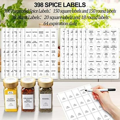 AISIPRIN Glass Spice Jars with 398 Labels, 24 pcs 4oz Spice Containers with Bamboo Lids, Square Spice Bottles With Shaker Lids,Spice Organization for Cabinet,Drawer,Rack,Seasoning Organizer