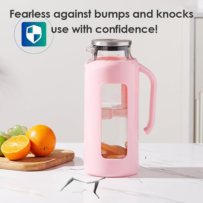 Delove Glass Pitcher with Lid & Shatterproof Shell – Heat-Resistant