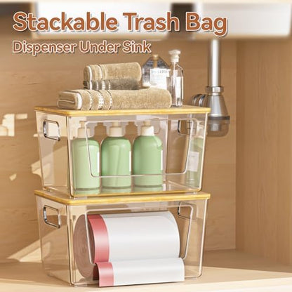 spospo 2 Pack Trash Bag Holder with Bamboo Lid Stackable Trashbag Dispenser