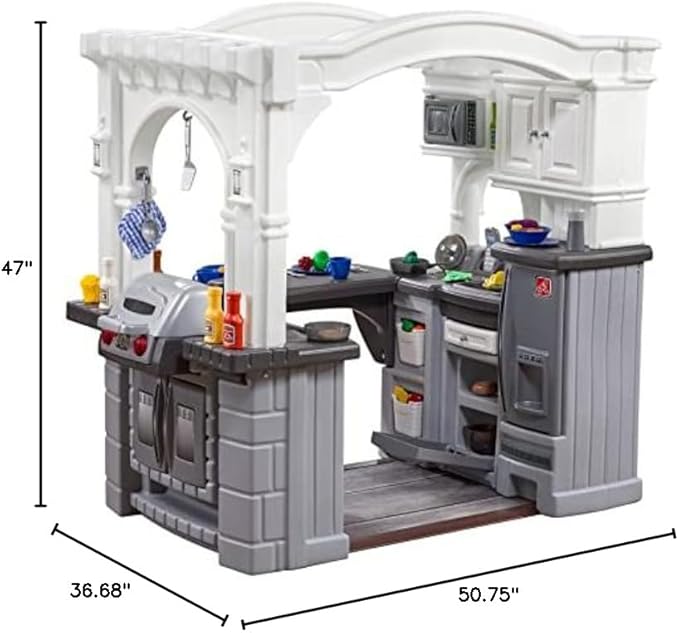 Step2 Grand Walk-in Kitchen & Grill Kids Playset, Indoor/Outdoor Kitchenette, Interactive Play with Lights and Sounds, Durable Plastic, 103 Piece Toy Accessories, Toddlers 2+ Years Old, Gray/White