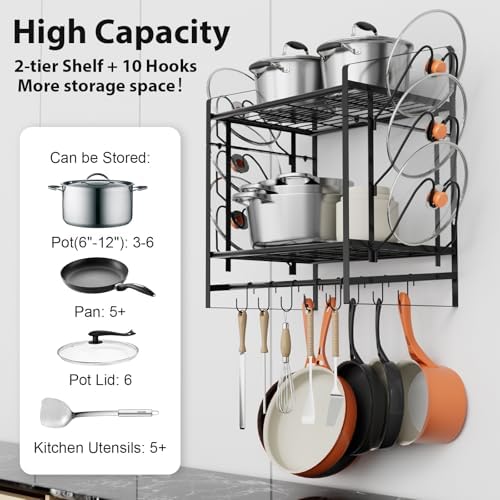 VyGrow 17 Inch Pot Rack Wall Mounted, 2 Tier Pots and Pans Organizer with 10 Hooks and 6 Pot Lid Holders, Heavy Duty Steel Pot and Pan Hanger for Kitchen Cookware Utensils Storage 24" Lx13 Wx20.5 H