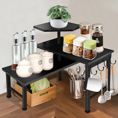 Counter Organizer Shelf, 3 Tier Moveable Black Corner Shelf Organizer with Hook, Counter Shelf for Kitchen Bathroom Spice Rack Coffee Area Over Sink Dresser Table (Black)