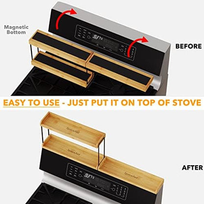 SpaceAid 30" Wide Kitchen Shelf Organizer for Stove, Magnetic Bamboo Spices Shelf for Home Stove Kitchen Storage Organization (Fit for Flat Top Only, 2-Tier)