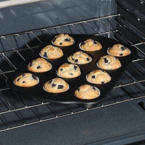 Oster Teston 12-Cup Muffin Pan, Nonstick Carbon Steel Cupcake Baking Tray, Matte Black, PFAS-Free, Easy Release, Oven-Safe Bakeware