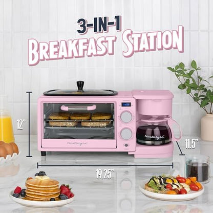Nostalgia 3-in-1 Retro Breakfast Station - Includes 5 (4 Oz) Cup Coffee Maker, Non-Stick Ceramic Griddle, and 4-Slice Toaster Oven - Built-In Timer, Reusable Coffee Filter, Space-Saving Design - Pink