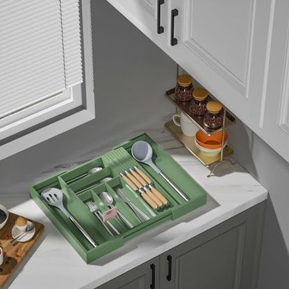 TIOPGHAD Expandable Bamboo Silverware Drawer Organizer Tray, Grayish Green