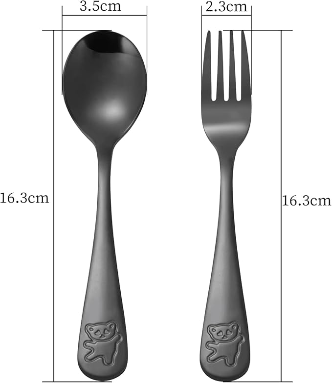 Pimoys 6 Pieces Kids Silverware Stainless Steel Toddler and Child Utensils, Childrens Safe Forks and Spoons Metal Cutlery Set, Engraved Bear, Black