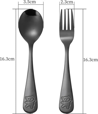 Pimoys 6 Pieces Kids Silverware Stainless Steel Toddler and Child Utensils, Childrens Safe Forks and Spoons Metal Cutlery Set, Engraved Bear, Black