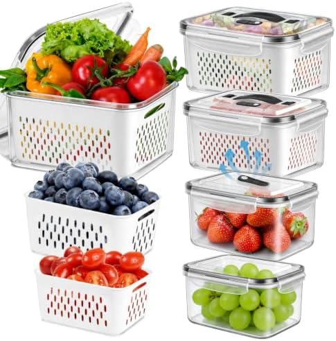 5 Pack Fridge Fruit Storage Containers with Colander, Vent and Handle