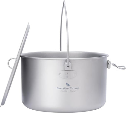 iBasingo Titanium Camping Pot with Lid 2.9L Ultralight Backpacking Cookware with Foldable Handle for Hiking, Picnic & Outdoor Durable Portable Metal Cooking Ti Hanging Pot Ti2045C