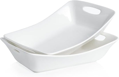 Kanwone Large Serving Bowls with Handles, White Serving Dishes For Entertaining, 1.8 Quarts Porcelain Bowl Set for Turkey, Fruit, Salad, Rectangle Serving Platter for Parites, Thanksgiving, Set of 2