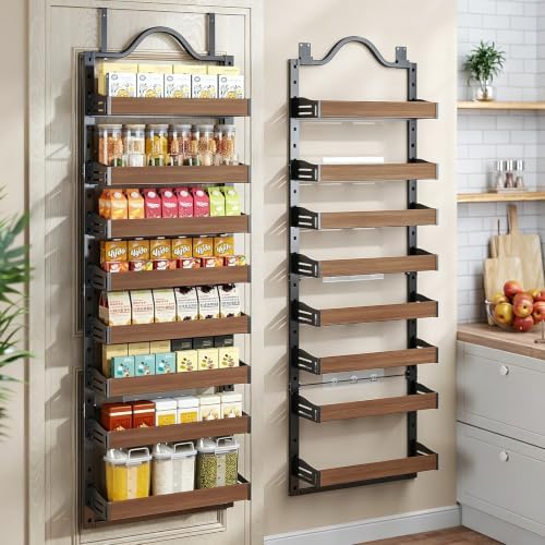 8-Tier Pantry Door Organizer, Over the Door Pantry Organizer with Wooden Adjustable Baskets, 2 IN 1 Spice Rack Wall Mount or Door Organizer, Door Spice Rack for Pantry（72.6×17.1×5.1in,Black)