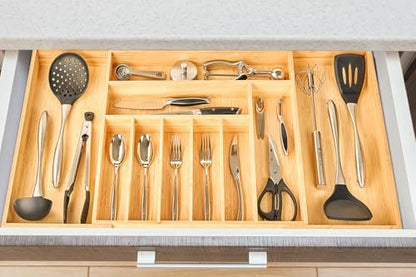 Umilife Extra Large Expandable Kitchen Siverware Utensils Drawer Organizer, 19" Deep for Big Drawer, Adjustable Bamboo Wood Drawer Divider with Curved Grooves, Cutlery Tray Flatware Holder
