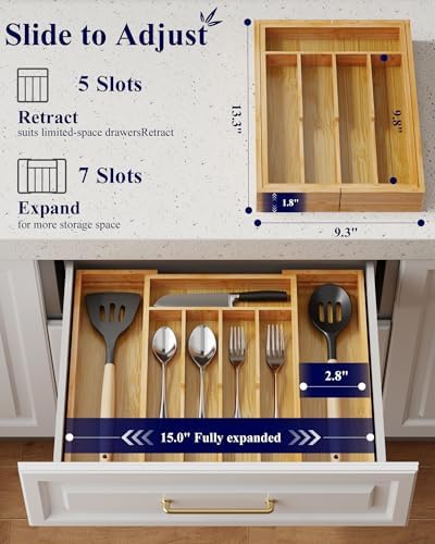 Kitsure Silverware Organizer, Bamboo Kitchen Drawer Tray, Natural, Medium