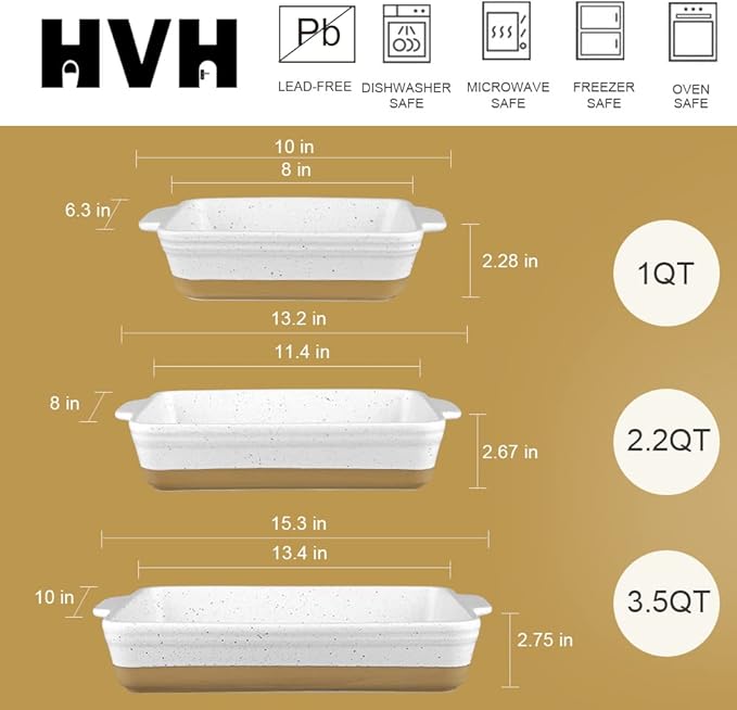 HVH Baking Dish Set, 9x13 Baking Dish, Large Casserole Dish Set, Ceramic