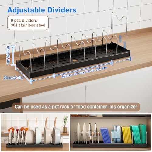 Mustorn Pots and Pans Organizer Under Cabinet, 22" Expandable Food Storage Container Lid Organizers with 9 Adjustable Dividers Pot and Pan Lid Holders Rack Inside Cabinet/Countertop(1 Pack, Black)