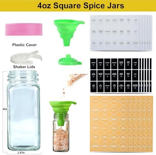 24 Spice Jars with Labels, 4oz Seasoning Jars for Cabinets, Drawers, Racks
