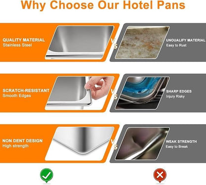 4 Pack hotel pans with lids 1/3 Size x 6 Inch Deep stainless steel steam table pan Commercial Gauge restaurant supplies Anti Rust metal food containers Catering storage for Party, Buffet, Home