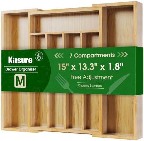 Kitsure Silverware Organizer, Bamboo Kitchen Drawer Tray, Natural, Medium