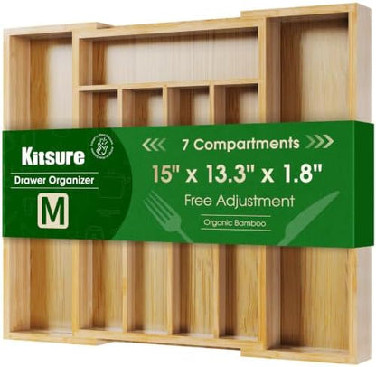 Kitsure Silverware Organizer, Bamboo Kitchen Drawer Tray, Natural, Medium