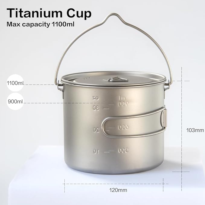1100ml Titanium Camping Pot with Lid & Bail Handle, Lightweight Backpacking Cookware for Outdoor Hiking Cooking, Ultralight Titanium Cook Pot for Campfire Use