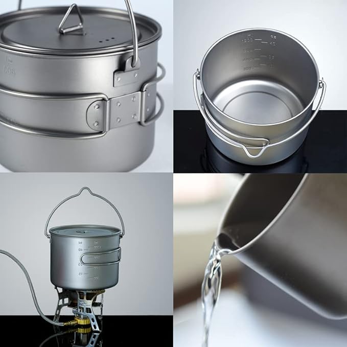 1100ml Titanium Camping Pot with Lid & Bail Handle, Lightweight Backpacking Cookware for Outdoor Hiking Cooking, Ultralight Titanium Cook Pot for Campfire Use