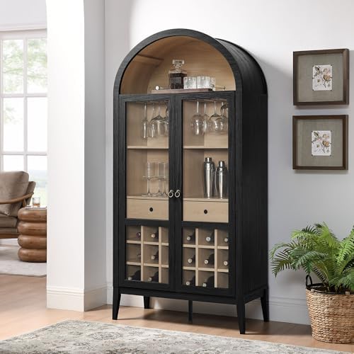 Modway Nolan Modern Farmhouse Arched Bar Cabinet in Black Wood Grain - 72 Inch Tall Wine Storage Cabinet with Glass Doors and Wine Rack - Large Liquor Cabinet for Dining or Living Room