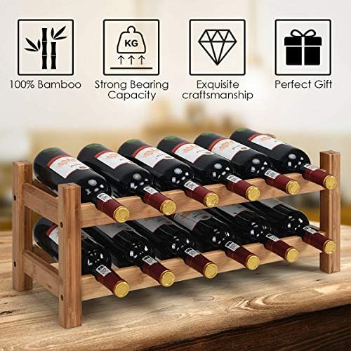 COSTWAY 12 BottlesWine Rack, 2-Tier Bamboo Wine Display Rack (Nature)