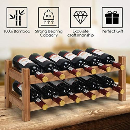COSTWAY 12 BottlesWine Rack, 2-Tier Bamboo Wine Display Rack (Nature)