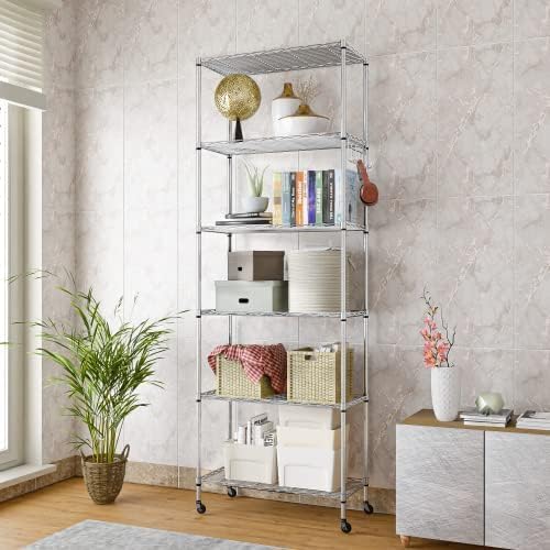 Himimi 6-Tier Wire Shelving Unit with Wheels - Adjustable Metal Storage Rack for Garage, Kitchen, Office, Pantry - Easy Assembly, Rolling Steel Shelves with Stainless Side Hooks, Silver Grey