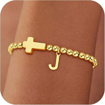Gold Initial Bracelets for Women Girls - 18K Gold Plated Cross Initial Bracelet Dainty Beaded Bracelet Gold Bracelets for Women Teen Girl Gifts